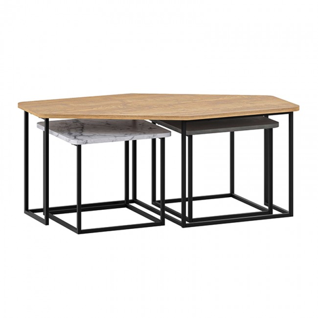 Τραπεζάκι σαλονιού σετ 3 τμχ. Nesty Megapap χρώμα saphhire oak - γκρι ρετρό - λευκό εφέ μαρμάρου 110x60x48εκ.