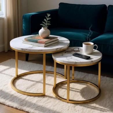 Gary Megapap Mdf/metallic coffee tables in beige marble effect - gold color 65x65x44cm.