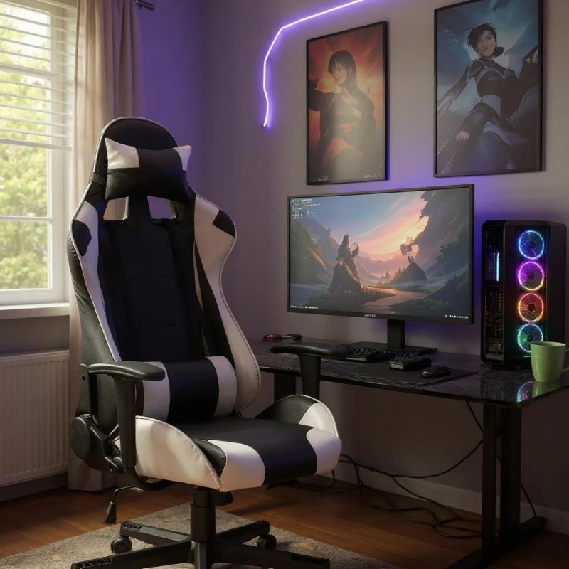 Alonso Megapap PU leather office gaming chair in white - black color 67x70x125/135cm.