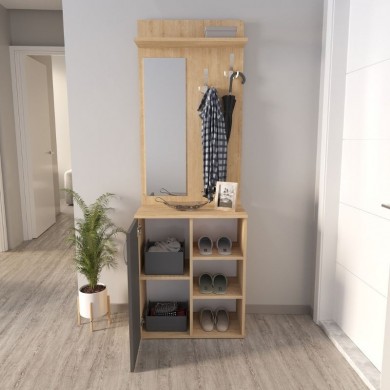 Norva Megapap melamine entrance furniture in sapphire oak - anthracite color 67,8x36,3x200,6cm.