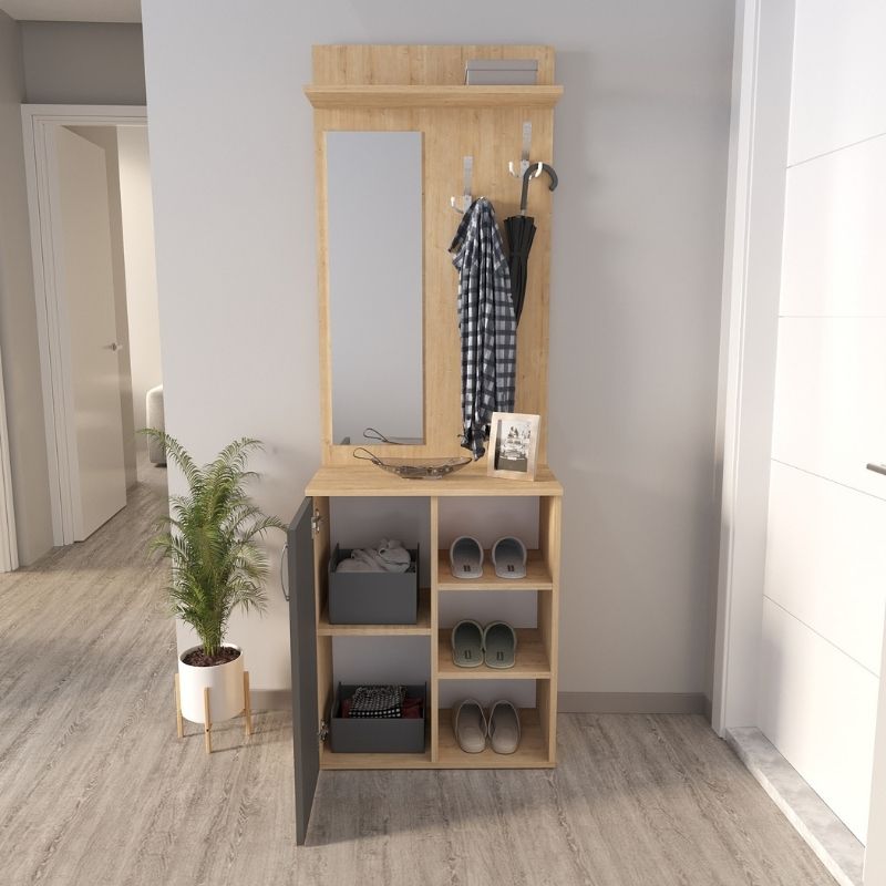 Norva Megapap melamine entrance furniture in sapphire oak - anthracite color 67,8x36,3x200,6cm.