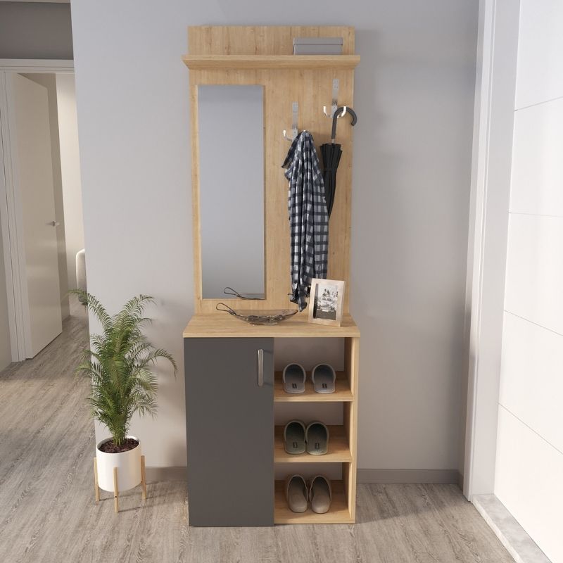 Norva Megapap melamine entrance furniture in sapphire oak - anthracite color 67,8x36,3x200,6cm.