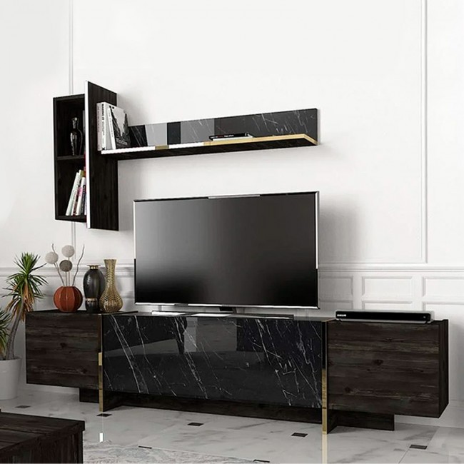 Σύνθεση τηλεόρασης Veyron Megapap χρώμα μαύρο rebab - μαύρο εφέ μαρμάρου 180x33x45εκ.