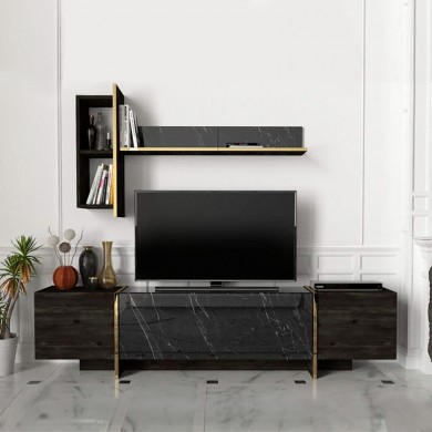 Veyron Megapap melamine TV unit in black marble effect color 180x33x45cm.