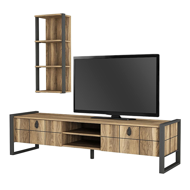 Ursula Megapap melamine TV unit in walnut - black color 184,5x34x45cm.