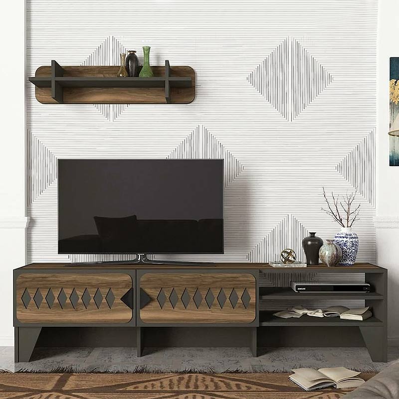 Fabiano Megapap melamine TV stand in walnut - anthracite color 183,6x34,8x46cm.