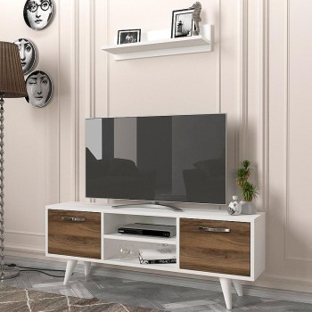 Έπιπλο τηλεόρασης Huelva Megapap από μελαμίνη χρώμα λευκό - καρυδί 120x25x41εκ.