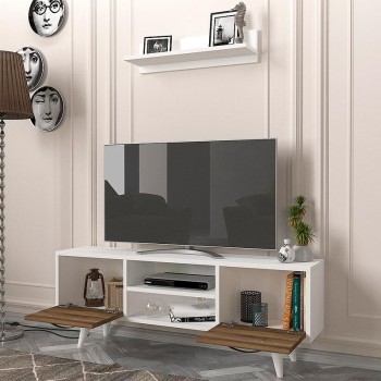 Έπιπλο τηλεόρασης Huelva Megapap από μελαμίνη χρώμα λευκό - καρυδί 120x25x41εκ.