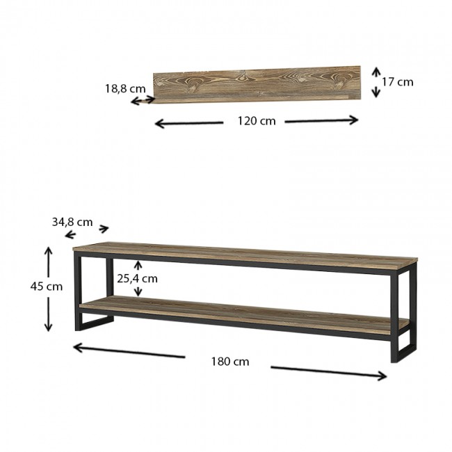 Έπιπλο τηλεόρασης Palencia Megapap χρώμα vintage patik - μαύρο 180x35x45εκ.