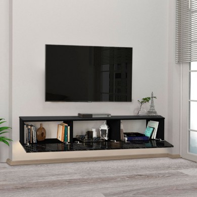 Damla Megapap melamine wall TV cabinet with LED lighting in black marble effect color 180x29.5x29.5cm.