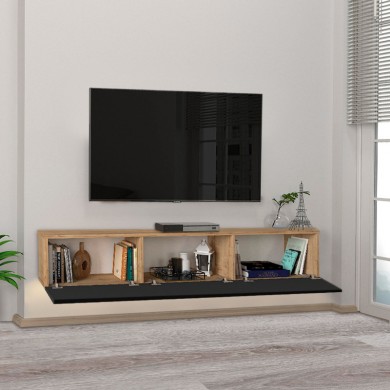 Damla Megapap melamine wall TV cabinet with LED lighting in sapphire oak - black color 180x29.5x29.5cm.