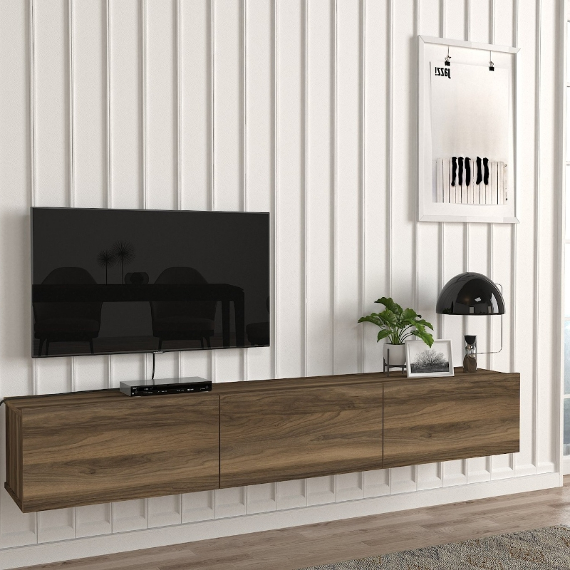 Damla Megapap melamine wall TV cabinet with LED lighting in walnut color 180x29.5x29.5cm.