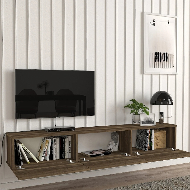 Damla Megapap melamine wall TV cabinet with LED lighting in walnut color 180x29.5x29.5cm.