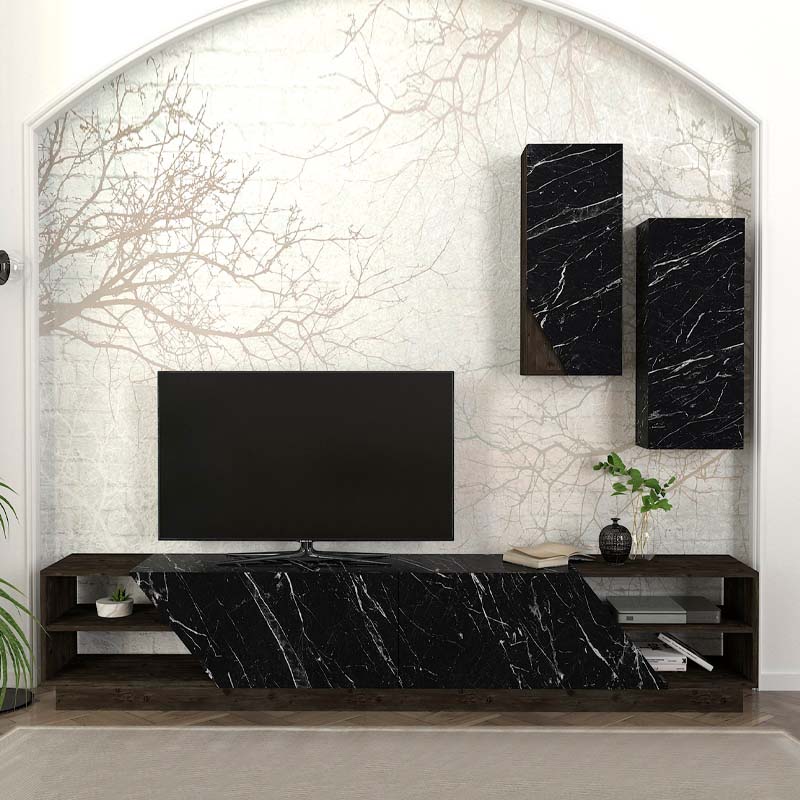 River Megapap melamine TV unit in black marble effect color 240x36,6x47cm.