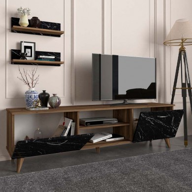 Geacles Megapap melamine tv stand in walnut - black marble effect color 180x40x50cm.