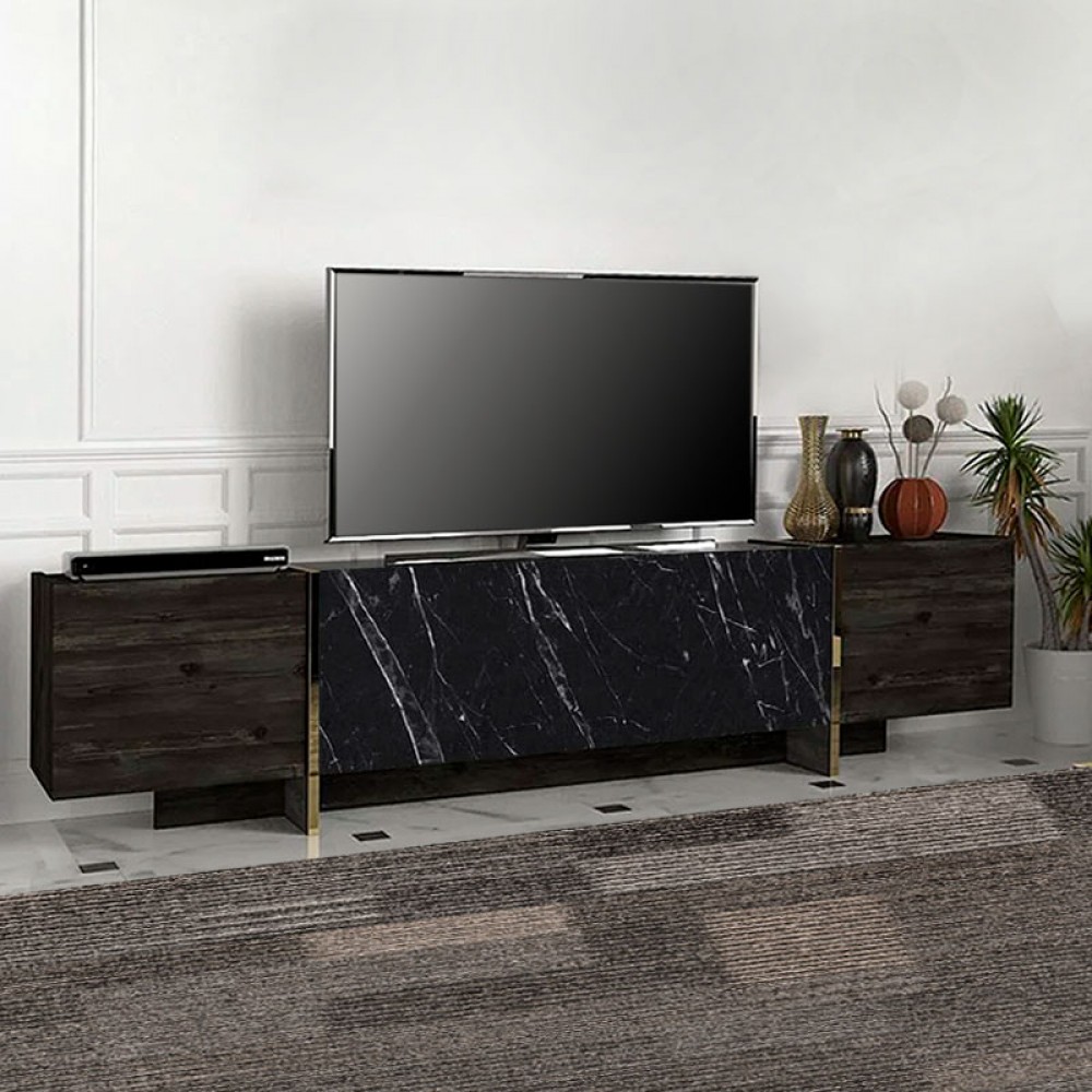 Έπιπλο τηλεόρασης Veyron Megapap από μελαμίνη χρώμα μαύρο rebab - μαύρο εφέ μαρμάρου 180x32,3x45εκ.