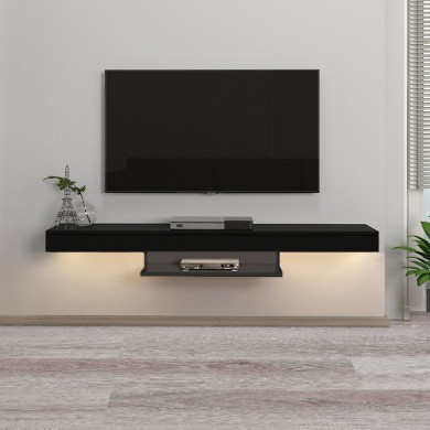 Albares Megapap melamine wall TV cabinet with LED lighting in black color 150x29.6x22cm.
