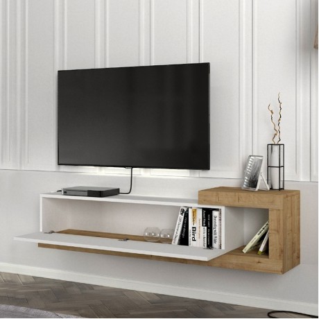 Volare Megapap melamine wall TV cabinet  in white - sapphire oak color 150x29,6x38,6cm.