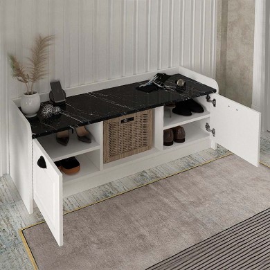 Rayne Megapap melamine shoe cabinet in white - black marble effect color 120x40x45cm.