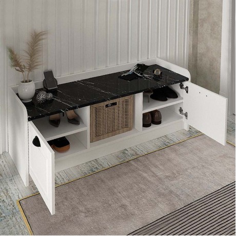 Rayne Megapap melamine shoe cabinet in white - black marble effect color 120x40x45cm.