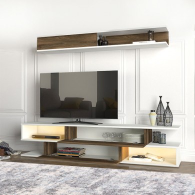 Manet Megapap melamine TV unit with LED in white - walnut color 180x29,5x39cm.