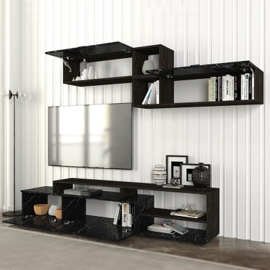 Σύνθεση τηλεόρασης Grill Megapap χρώμα μαύρο rebab - μαύρο εφέ μαρμάρου 220x35x47,5εκ.