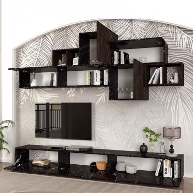 Σύνθεση τηλεόρασης Tromen Megapap χρώμα μαύρο εφέ μαρμάρου - μαύρο rebab 260x40x33εκ.