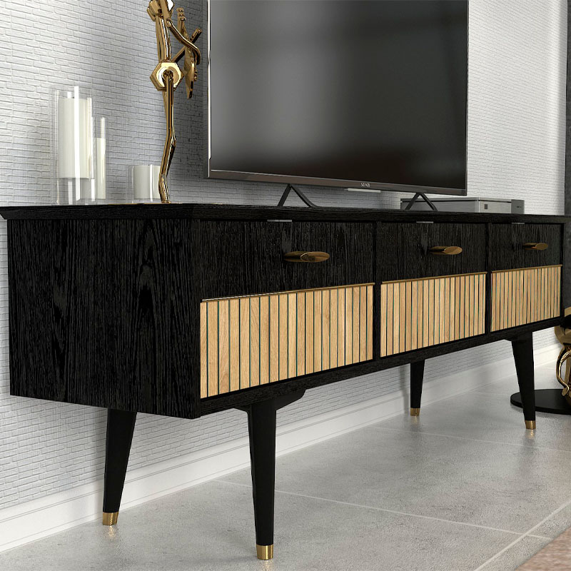 Bolea Megapap melamine TV stand in modern black color 150x35x49.7cm.