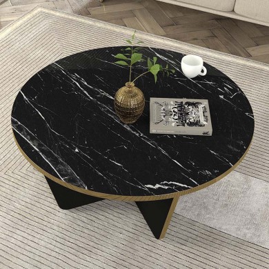 Lagerta Megapap melamine coffee table in black marble effect color Ø75x35cm.