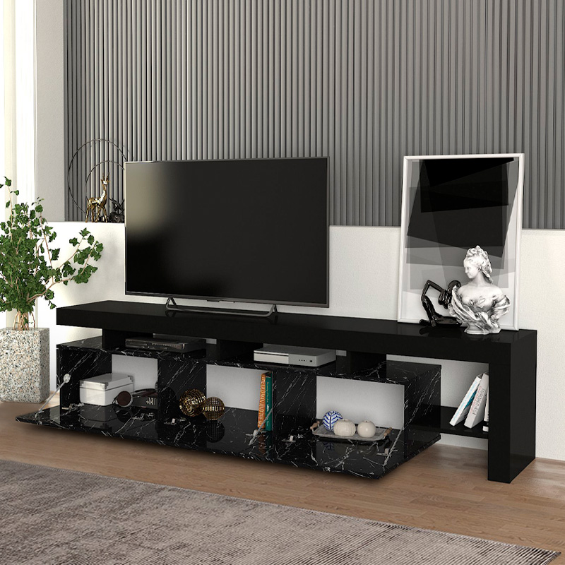 Acnes Megapap melamine tv stand in black - black marble effect color 220x40x52cm.