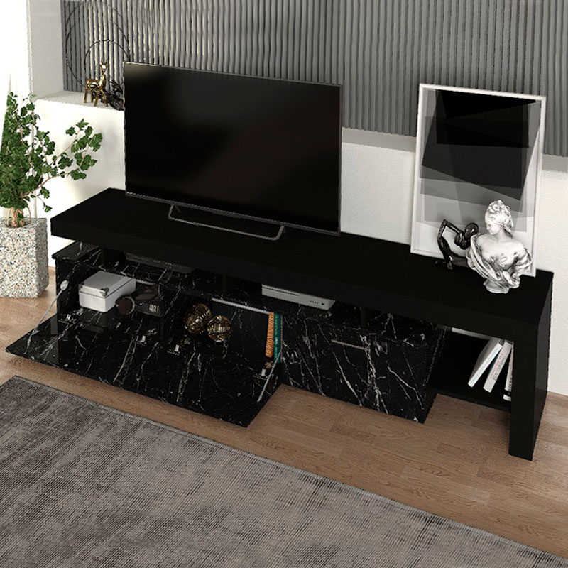 Acnes Megapap melamine tv stand in black - black marble effect color 220x40x52cm.