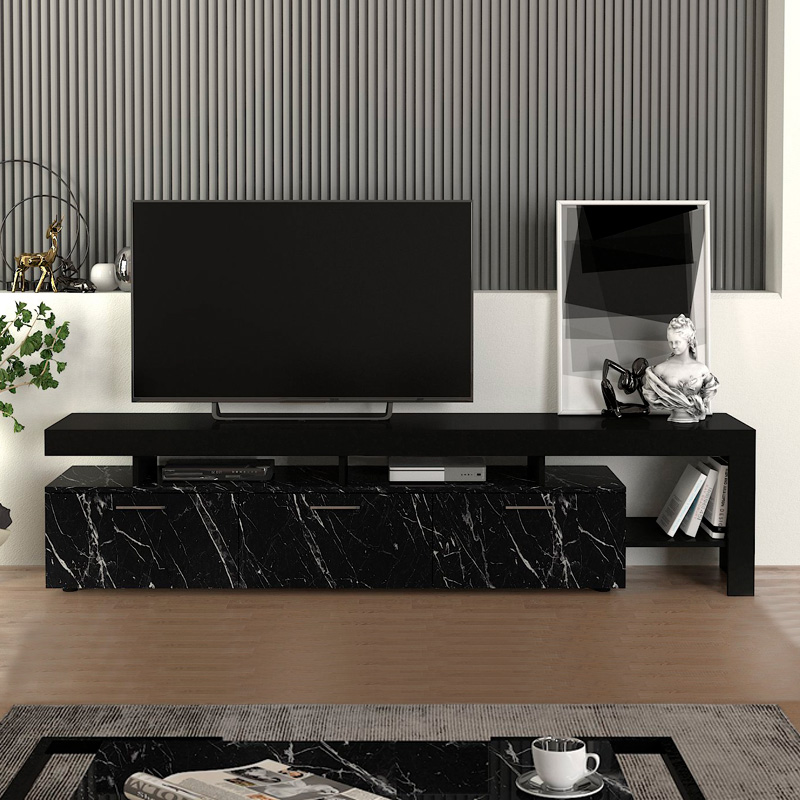 Acnes Megapap melamine tv stand in black - black marble effect color 220x40x52cm.
