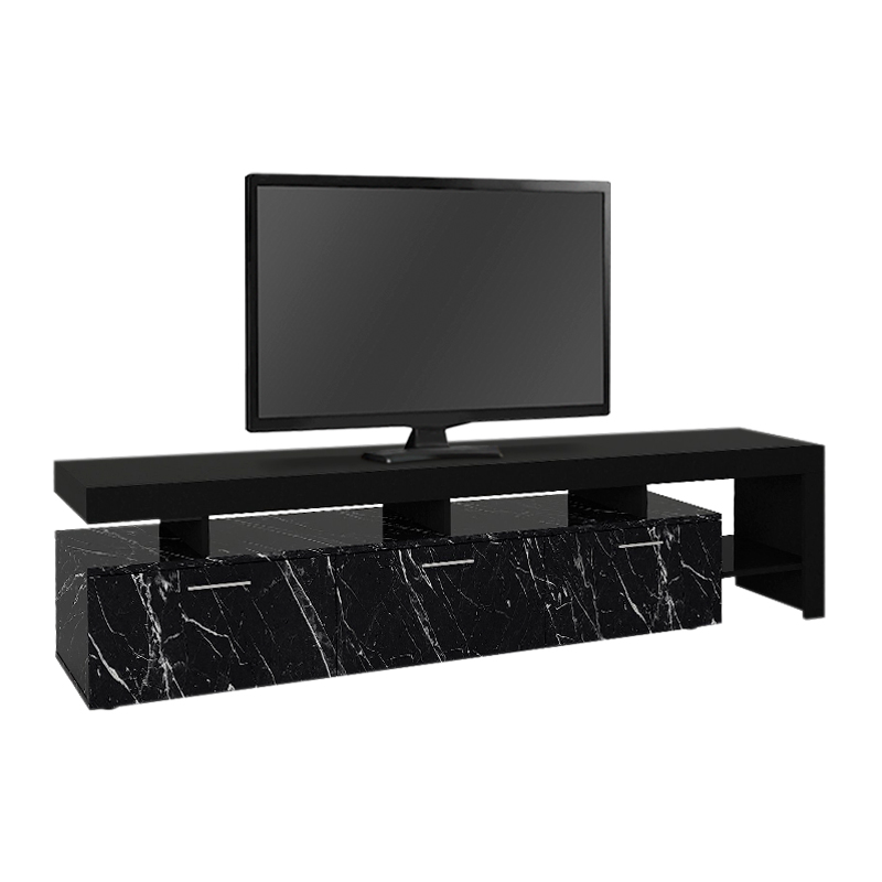 Acnes Megapap melamine tv stand in black - black marble effect color 220x40x52cm.