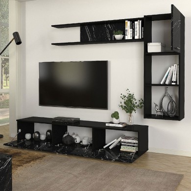 Darcy Megapap melamine TV unit in black - black marble effect color 180x40x33cm.