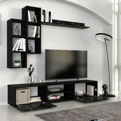 Duana Megapap melamine TV unit in black marble effect - black color 180x38x35,7cm.