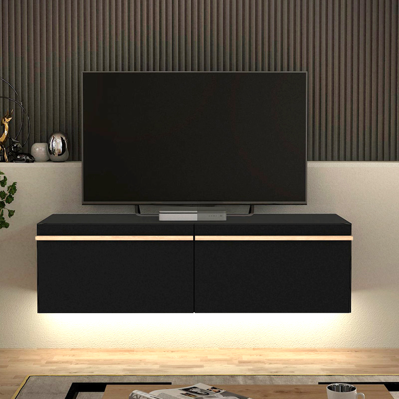 Morel Megapap melamine wall TV cabinet with LED lighting in black color 140x41.8x40cm.