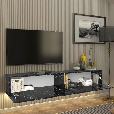 Figure Megapap melamine wall TV cabinet with LED lighting in black marble effect color 181,8x31.7x30cm.