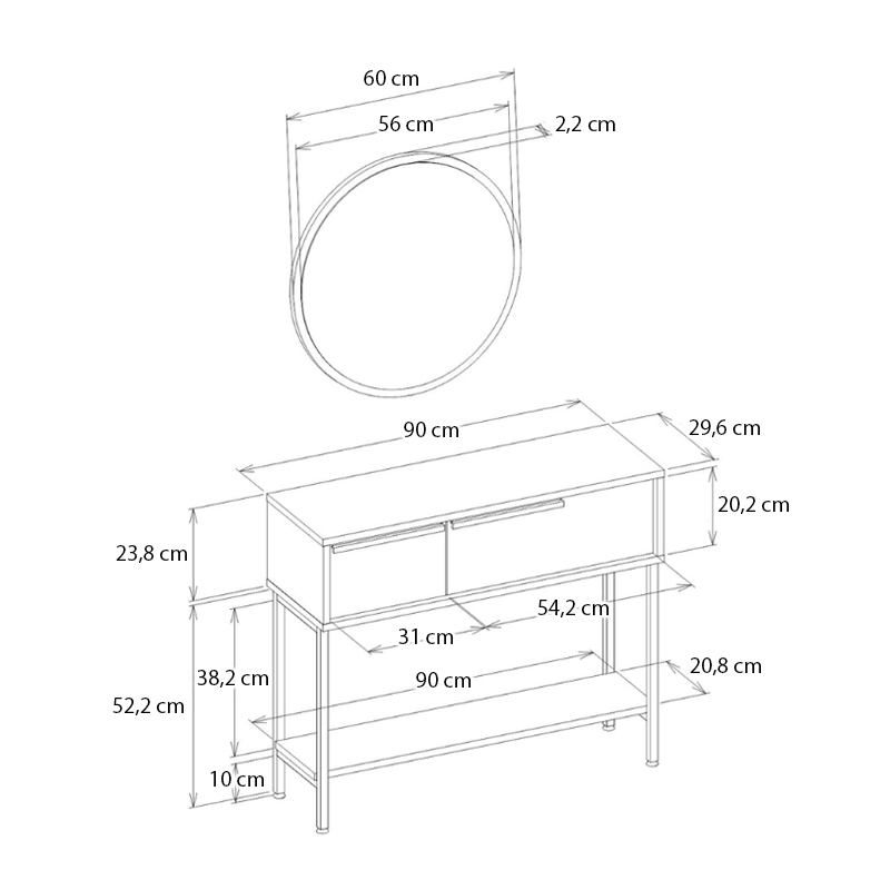 Suzy Megapap dresser with mirror in white 90x29.6x76cm.