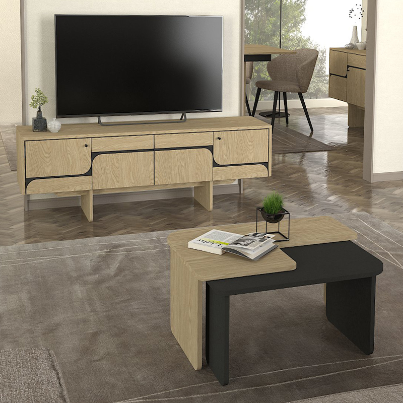 Lava Megapap melamine coffee table set of 2 in rota oak - anthracite color 75x48.5x35.6cm.