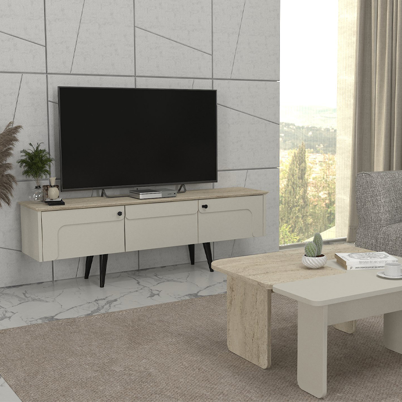 Sevilla Megapap melamine tv stand in sandstone - travertine color 150x35x45.6cm.