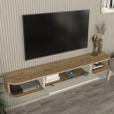 Cross Megapap melamine wall TV stand with LED lighting in sepet oak - sandstone color 150x29.6x19.2cm.