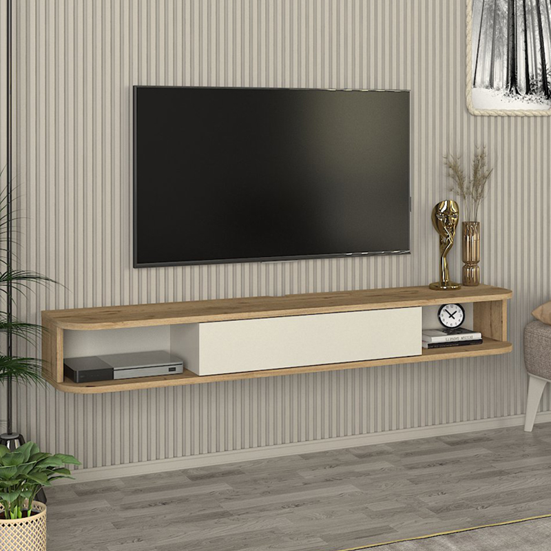 Cross Megapap melamine wall TV stand with LED lighting in sepet oak - sandstone color 150x29.6x19.2cm.
