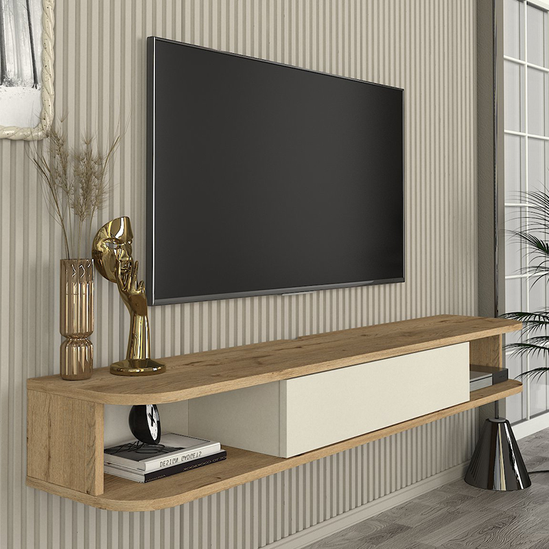 Cross Megapap melamine wall TV stand with LED lighting in sepet oak - sandstone color 150x29.6x19.2cm.