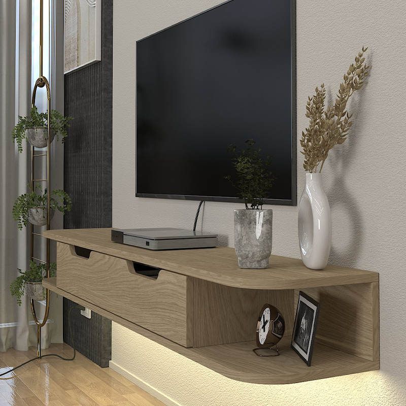 Noland Megapap  melamine wall TV stand with LED lighting in rota oak color 150x35x19.2cm.