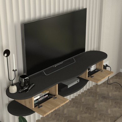 Perk Megapap  melamine wall TV stand with LED lighting in anthracite - sepet oak color 150x35x19.2cm.