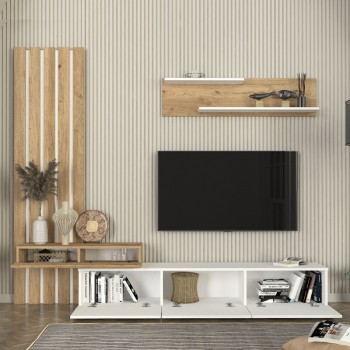 Σύνθεση τηλεόρασης Rosaline Megapap χρώμα λευκό - sepet oak 233x31,3x196,8εκ. Σύνθεση τηλεόρασης Rosaline Megapap χρώμα λευκό - sepet oak 233x31,3x196,8εκ.