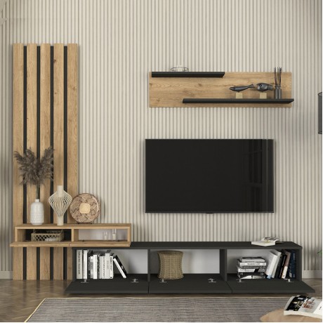 Rosaline Megapap melamine tv unit in anthracite - sepet oak color 233x31.3x196.8cm.