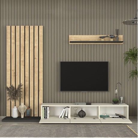 Σύνθεση τηλεόρασης Nagini Megapap χρώμα ivory - sapphire oak - ανθρακί 260x39,4x203,6εκ.