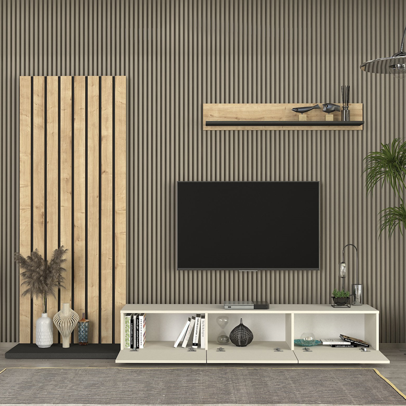 Nagini Megapap melamine tv unit in ivory - sapphire oak - anthracite color 260x39.4x203.6cm.