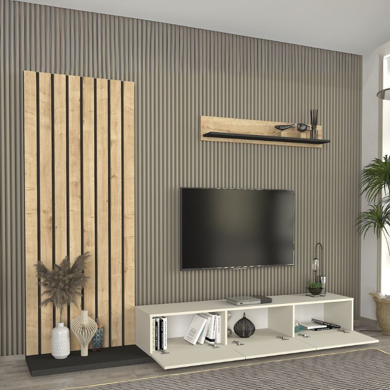 Nagini Megapap melamine tv unit in ivory - sapphire oak - anthracite color 260x39.4x203.6cm.